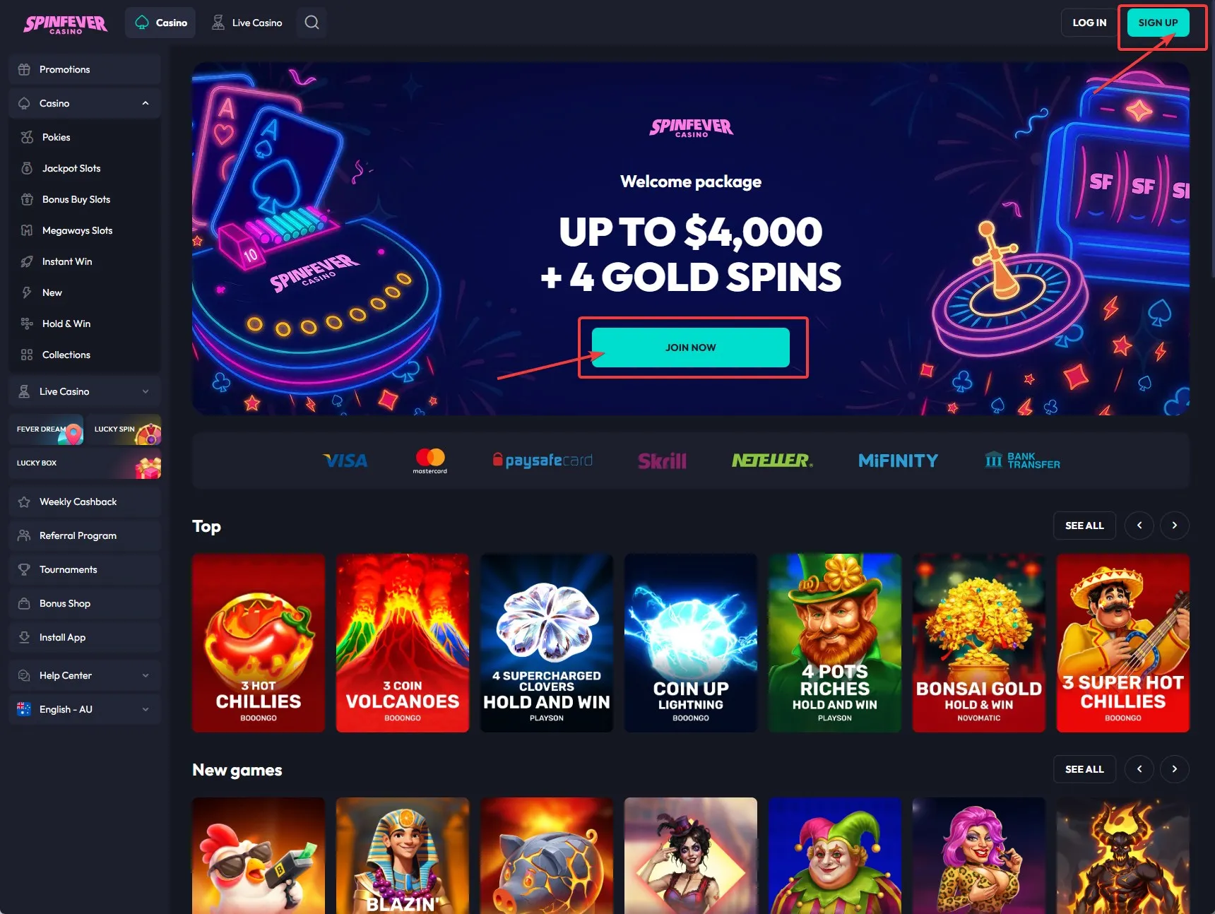 SpinFever sign up Buttons